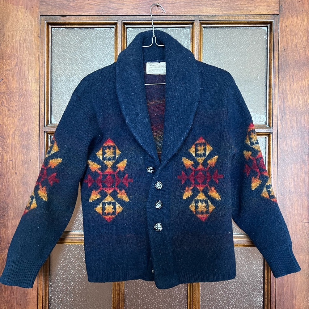 Vintage Pendleton cardigan - blue wool with southwestern Aztec design